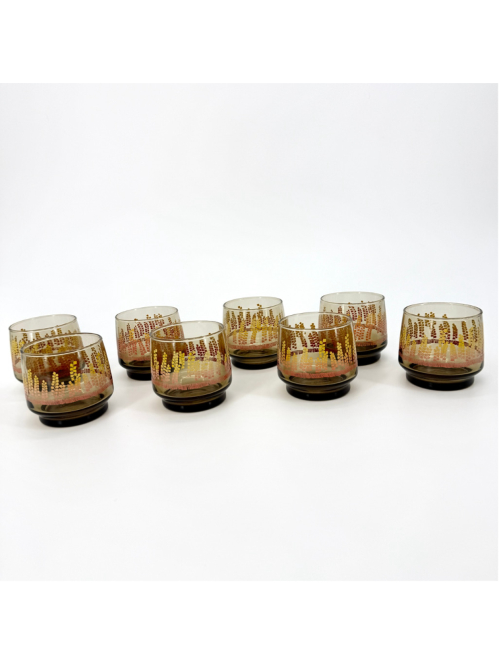 Vintage 60s-70s Dominion Glass Foxglove Smoked Brown Gold Glasses Set of 8